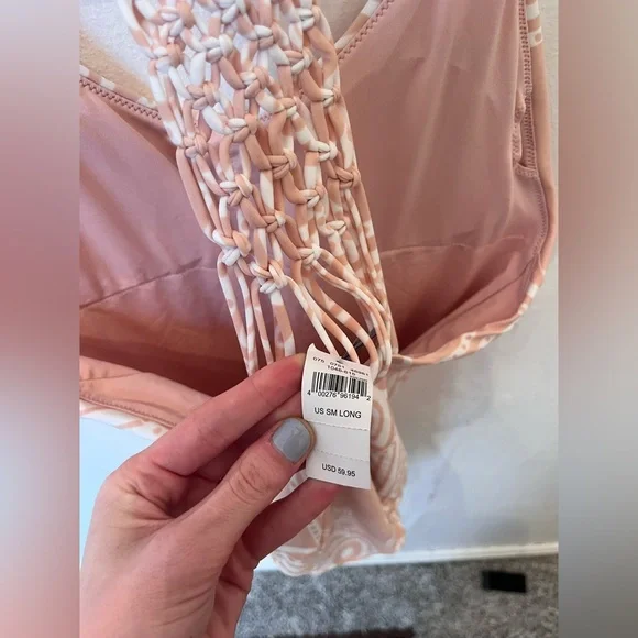 NWT Aerie Small (Long) Pink/White Crochet Racerback One-Piece Swimsuit - Picture 4 of 4